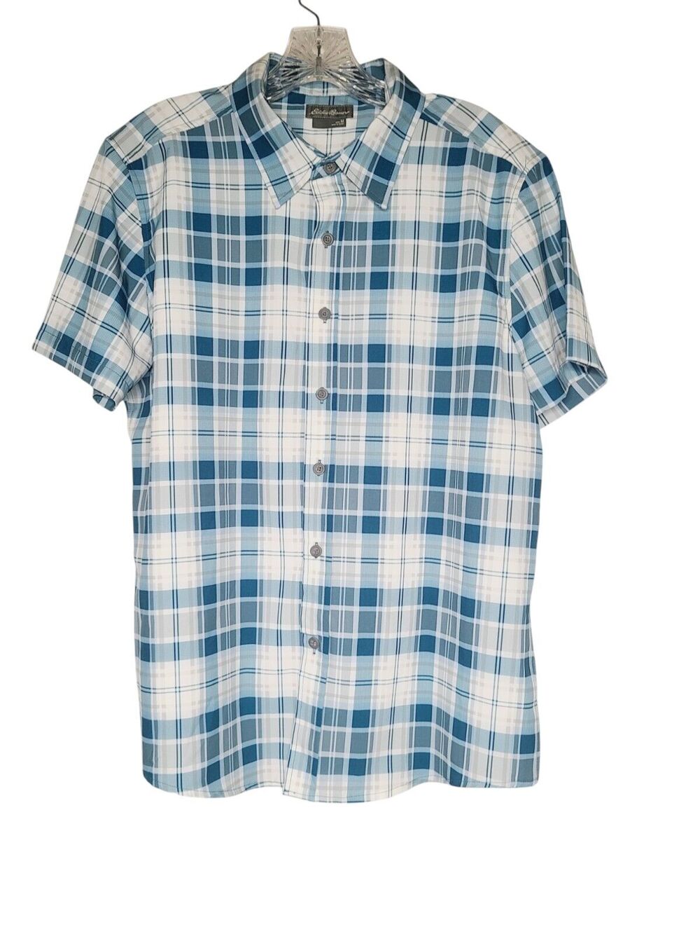 Eddie Bauer Mens Medium Blue Plaid Button Up Wrinkle Free Outdoor Hiking